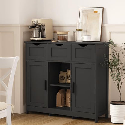 Sideboard Floor Storage Cabinet - Wooden Storage Organizer with 2 Doors and 3 Drawers, Free Standing Accent Buffet Cabinet with Adjustable Shelves for Living Room, Kitchen, Bathroom (Black)