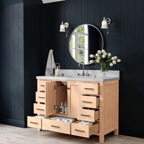 ARIEL Cambridge 48-inch Bathroom Vanity with Sink,Solid Wood, 1.5-inch Italian Carrara Marble Countertop, Single Rectangular Porcelain Sink, 2 Soft Closing Doors, 9 Dovetail Drawers, White Oak