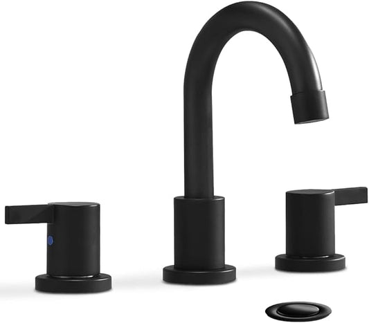Phiestina 8 Inch 3-Hole Low-Arch 2-Handle Widespread Bathroom Faucet with Valve and Metal Pop-Up Drain Assembly,Matte Black, WF15-1-MB