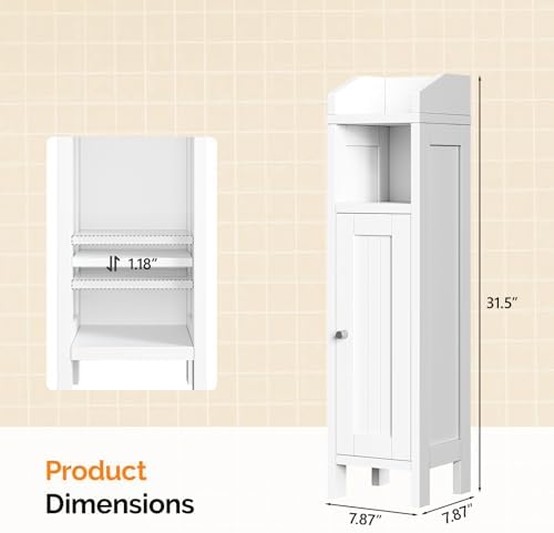 VINGLI Small Storage Corner Floor Cabinet, 7.9" Narrow Toilet Paper Storage Holder with Fluted Door, Skinny Freestanding Organizer for Small Spaces, Slim Bathroom Storage Cabinet, White