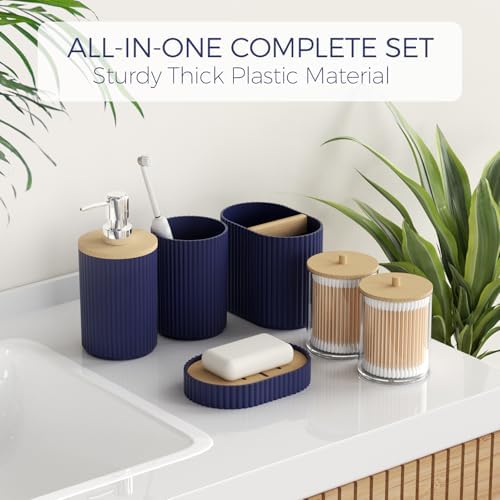 Bathroom Accessories Set - Unbreakable Navy Blue Bathroom Set, Trash Can, Toilet Brush with Holder, Soap Dispenser, Toothbrush and Toothpaste Holder, Tumbler Cup, Soap Dish, Qtip Holder, Bamboo Decor