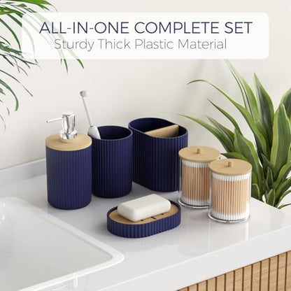 Bathroom Accessories Set - Unbreakable Navy Blue Bathroom Set, Trash Can, Toilet Brush with Holder, Soap Dispenser, Toothbrush and Toothpaste Holder, Tumbler Cup, Soap Dish, Qtip Holder, Bamboo Decor