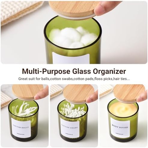 2 Pack Glass Qtip Holder Dispenser Set - Q Tip Holder for Bathroom Canister Qtip Dispenser with Lid for Cotton Balls, Swabs, Floss Picks, and Makeup Sponges ,Olive Green,Large Capacity
