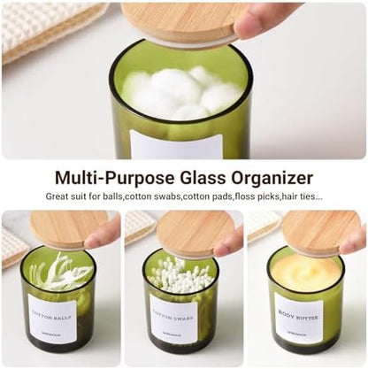 2 Pack Glass Qtip Holder Dispenser Set - Q Tip Holder for Bathroom Canister Qtip Dispenser with Lid for Cotton Balls, Swabs, Floss Picks, and Makeup Sponges ,Olive Green,Large Capacity