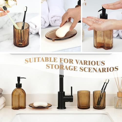 Bathroom Accessories Set, 4Pcs Glass Bathroom Accessories Set Complete, 11.6OZ Lotion Soap Dispenser, Toothbrush Holder, Mouthwash Cup, Soap Dish for Bathroom Decor, Countertop Organizer (Amber)