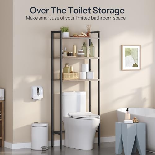 HOOBRO Over The Toilet Storage, 3-Tier Bathroom Organizer Shelf Over Toilet, Freestanding Bathroom Storage Shelves, Space Saver, Easy to Assemble for Room, Greige and Black BG41TS01