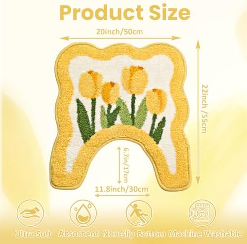 Tulip Flower U-Shaped Toilet Mat, Romantic Floral Non-Slip Bath Rug with Wave Edge Design, Soft Absorbent Microfiber Floor Mat for Toilet Base, Machine Washable Bathroom Decor (U-shaped Yellow)