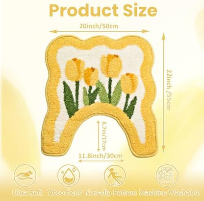 Tulip Flower U-Shaped Toilet Mat, Romantic Floral Non-Slip Bath Rug with Wave Edge Design, Soft Absorbent Microfiber Floor Mat for Toilet Base, Machine Washable Bathroom Decor (U-shaped Yellow)