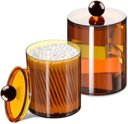 2 Pcs Acrylic Qtip Holder, Cotton Ball Holder Jars with Lids, Brown