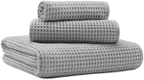 MICROFI New Microfiber Waffle Bath Towels, 3 Pieces, Oversized, Soft, Absorbent, Fast Drying, Lint Free, Includes Bath, Face and Hand Towels 430 GSM