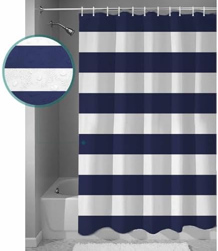 Shower Curtain Bathroom Set Navy Blue and White Stripe Waterproof Shower Curtains with Grommets Hooks Modern Stripes Pattern Privacy Bath Curtain for Bathtub Decor 48x72in