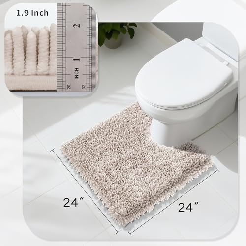 Yimobra Toilet Rugs U Shaped Washable, Extra Thick Soft Absorbent Chenille Contour Bathroom Rugs for Toilet 24x24 Inch, Quick Dry Non Slip Toilet Mat for Bath Floor, Khaki