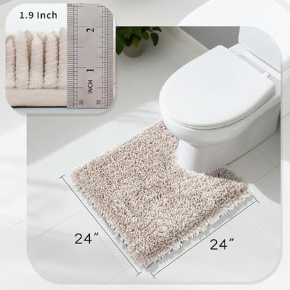 Yimobra Toilet Rugs U Shaped Washable, Extra Thick Soft Absorbent Chenille Contour Bathroom Rugs for Toilet 24x24 Inch, Quick Dry Non Slip Toilet Mat for Bath Floor, Khaki