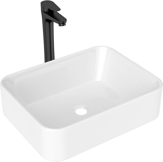 Lordear Vessel Sink Combo 19 x 15 White Bathroom Sink With Faucet Above Counter Rectangle White Ceramic Porcelain Sink with Matte Black Faucet Single Handle Combo