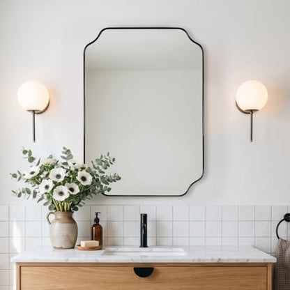 MIRRORART 20x28’’ Scalloped Bathroom Mirrors, Black Metal Framed Decorative Wall Mirror, Elegant Rectangle Vanity Mirror for Bathroom, Bedroom & Entryway, Modern Farmhouse Home Remodel