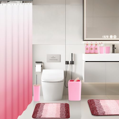 XLHOMO Bathroom Accessories,Bathroom Set with Shower Curtain,Rugs,Trash Can,Lotion Soap Dispenser,Toothbrush Holder,Soap Dish, Tags with Tray（Pink1 ），（Bath Set+Shower Curtain+Bath Rugs）