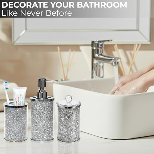 Escenzy Crushed Diamond Bathroom Accessories Set 3 Pcs | Silver Crystal Glass Soap Dispenser, Toothbrush Holder, Tumbler | Luxury Glam Bathroom Decor | Modern Vanity Organizer Gift