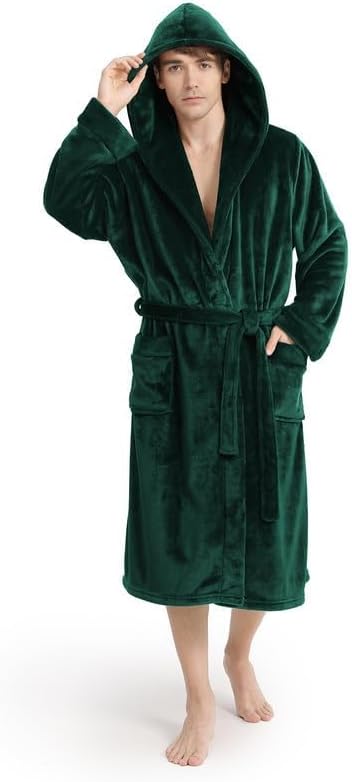 Yurhap Luxury Mens Robe with Hood, Ultra Cozy Fleece Bathrobe for Men, Plush Hooded Robe with Belt & 2 Pockets