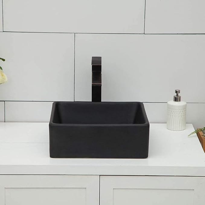 Logmey 15 Inch Black Bathroom Vessel Sink 15"x15" Square Small Vessel Sink for Bathroom Sink Above Counter Porcelain Ceramic Vanity Art Countertop Sink
