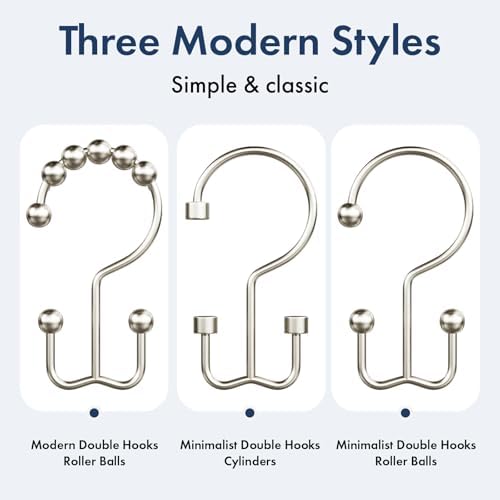 Bathway Shower Curtain Hooks Matte Nickel Shower Curtain Rings, 12 Pcs Double Hook Shower Curtain Hooks Rings Shower Curtain Hangers Rust Proof, Metal Shower Hooks for Bathroom Shower Curtain Rod