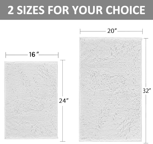 White Bathroom Rugs and Mats Set, 2 Piece Chenille Bath Mat Set, Machine Wash Dry, Non Slip Absorbent Shaggy Bath Rug for Bath Room, Shower and Tub (20" x 32"+16" x 24") Bathroom Rug St Accessories