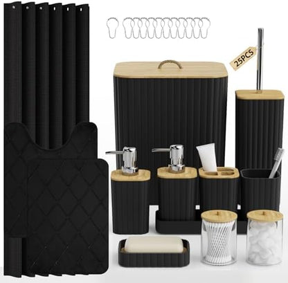 Bathroom Accessory Set - 25PC Bathroom Sets with Shower Curtain and Rugs, Black Bathroom Set, Bathroom Accessories Set, Shower Curtain Sets with Rugs, Bathroom Trash Can & Soap Dispenser