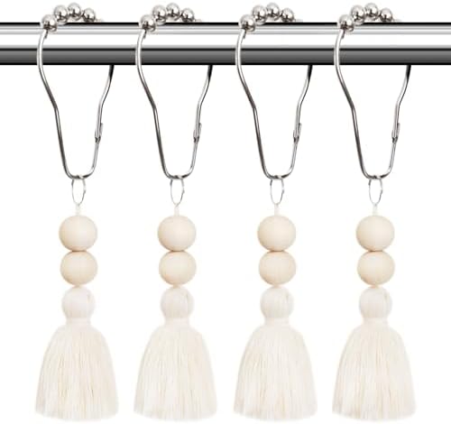 Boho Shower Curtain Hooks Rings Rustproof, CHICTIE Nautical Decorative Shower Curtain Rings with Handmade Wood Beads Tassel, Farmhouse Home Bathroom Bedroom Decor Set of 12 (Natural Cotton)