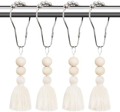 Boho Shower Curtain Hooks Rings Rustproof, CHICTIE Nautical Decorative Shower Curtain Rings with Handmade Wood Beads Tassel, Farmhouse Home Bathroom Bedroom Decor Set of 12 (Natural Cotton)