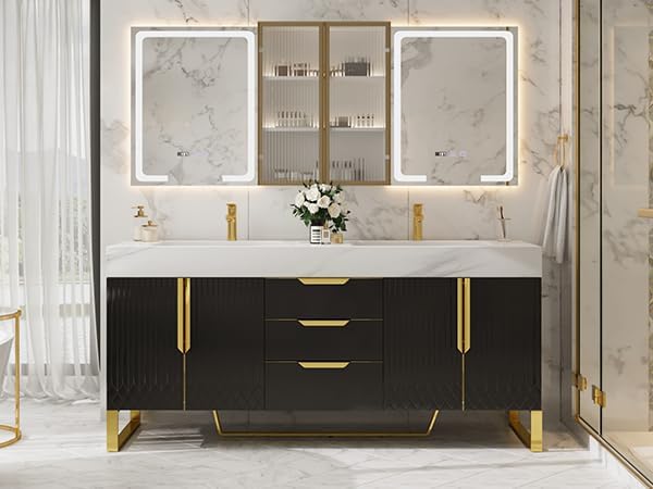 homary 60" Freestanding Bathroom Vanity Set with Double Sink, Modern Bathroom Sink Cabinet Storage Cabinet with Sintered Stone Countertop and Ample Storage, Black
