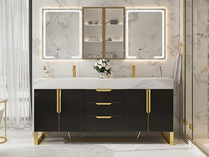 homary 60" Freestanding Bathroom Vanity Set with Double Sink, Modern Bathroom Sink Cabinet Storage Cabinet with Sintered Stone Countertop and Ample Storage, Black