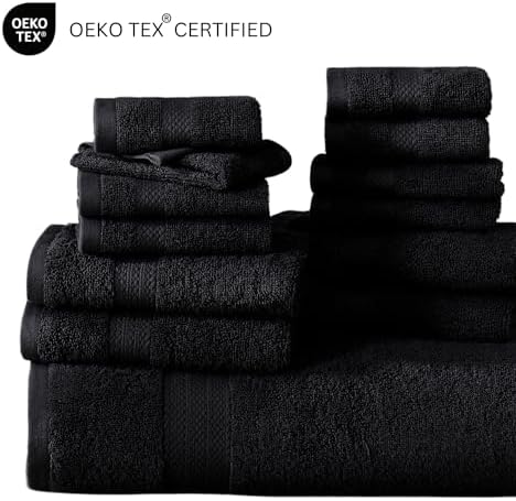 LANE LINEN Bath Towel Set Quick Dry 100% Cotton 18 Piece Soft - Black