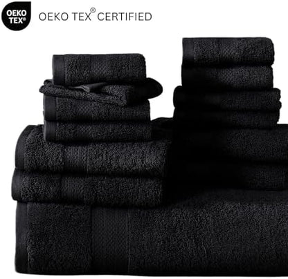 LANE LINEN Bath Towel Set Quick Dry 100% Cotton 18 Piece Soft - Black