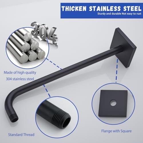 16 Inch Shower Head Extension Arm Wall Mounted Rainfall Extend Pipe Tube Stainless Steel Bathroom Accessories Matte Black,SW-91018-16MB-SQ.