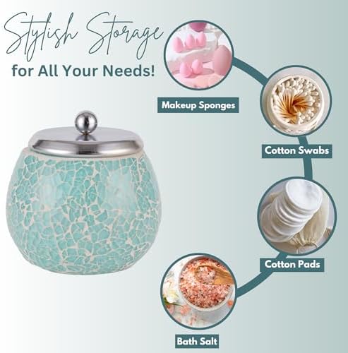 Escenzy Turquoise Bathroom Accessories Set 4 Pcs | Handcrafted Mosaic Glass Soap Dispenser, Toothbrush Holder, Cotton Swab Jar, Vanity Tray | Luxury Coastal Boho Bathroom Decor