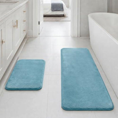 HUXMEYSON Bathroom Rugs Sets 2 Piece, Non-Slip & Quick Dry Bath Mat Set, Ultra Soft Velvet Bath Rugs for Bathroom, Toilet and Shower Floor, Lake Blue