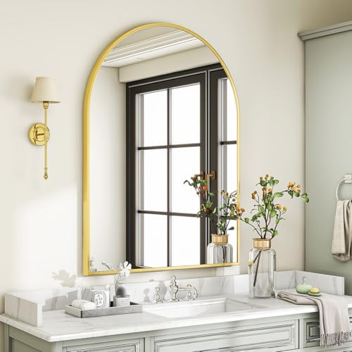 VooBang Large Arched Wall Mirror, 36 x 48 inch Arch Bathroom Mirror Gold