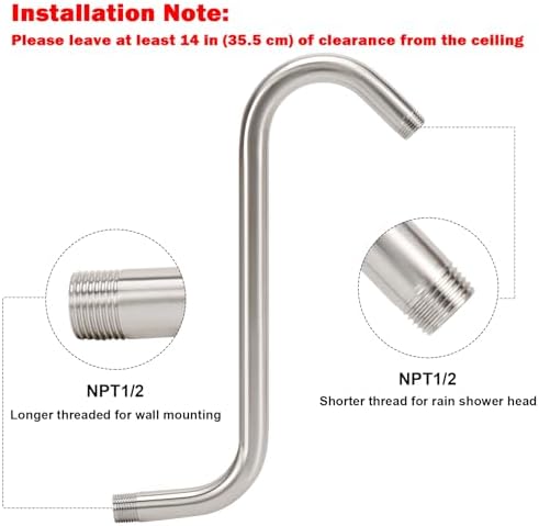 NearMoon S Shaped Shower Head Riser Arm, Shower Extender Arm with Flange, Standard 1/2" Connection- Bathroom Accessory (12 Inch, Brushed Nickel)
