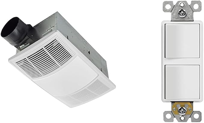Broan-NuTone 80 CFM 1.5 Sones Bathroom Exhaust Fan and Heater with ENERLITES 15A 120-277VAC Double Paddle Light Switch, White