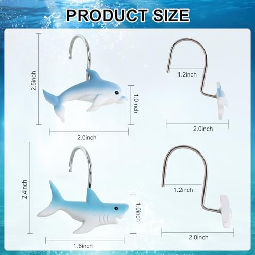 12-Piece Shark Shower Curtain Hooks for Bathroom