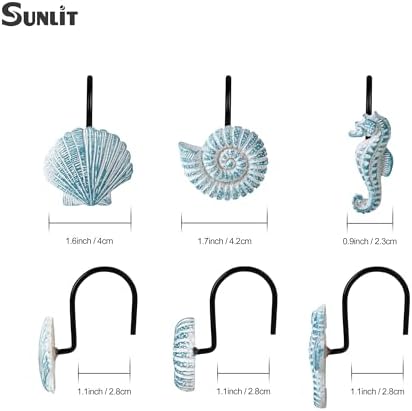 Sunlit Seashells Decorative Shower Curtain Hooks, Aqua Blue Ocean Creatures Coastal Shower Curtain Rings with Black Hooks, Resin, Nautical Bathroom Decoration Beach Shower Curtain Hooks, Set of 12