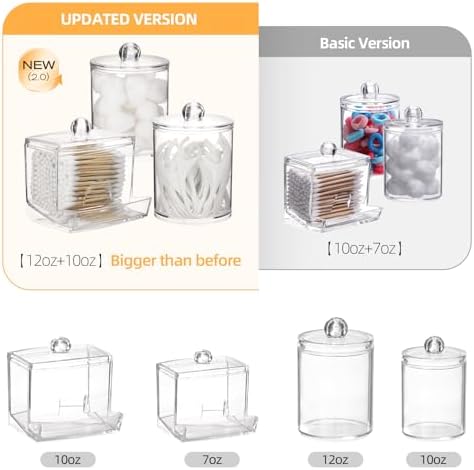 Tbestmax Qtips Dispenser Bathroom Container, 10/12 oz Big Cotton Ball Holder, Clear Plastic Apothecary Jar Organizer for Storage Cotton Swab, Floss Picks