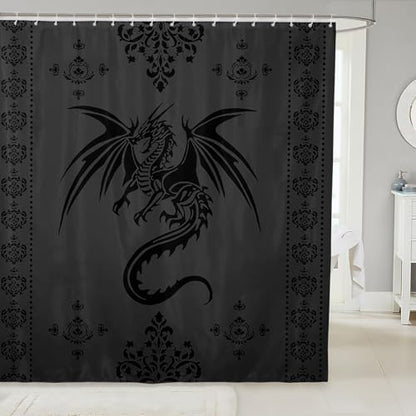 Feelyou Dragon Shower Curtain Kids Boys Teens Gothic Damask Paisley Floral Bathroom Waterproof Accessories with 12 Hooks 72x72 Inches Women Bohemian Exotic Animal Theme Room Decor,Grey Black