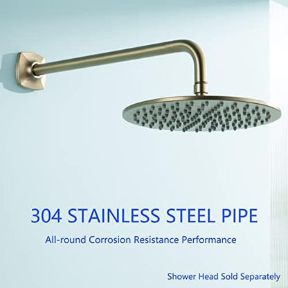 16 Inch Shower Arm Wall Mounted, SWHYGER L Shape Stainless Steel Rainfall Showerhead Extension Replacement Pipe Arm with Flange, Brushed Gold,SW-91018-16BG.