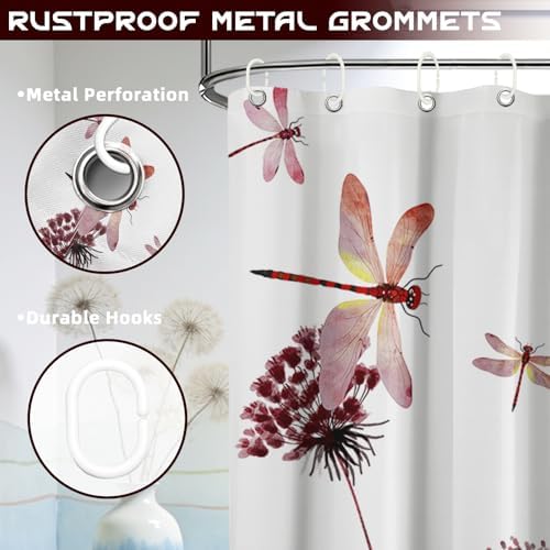 Burgundy & White Shower Curtain Spring Dandelion Dragonfly Deep Red and White Watercolor Shower Curtains for Bathroom Decor, Waterproof Cloth Fabric with Hooks 70" Wx72 L