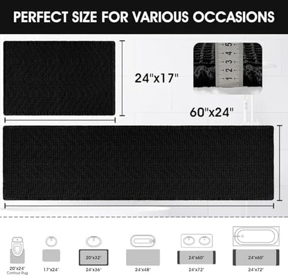 Upgraded Waffle Bath Mat Set 2 Piece Black-Herringbone, Super Absorbent Non-Slip Quick Dry Bathroom Rugs with Tassels, Machine Washable Ultra Soft Boho Bath Rugs, Toilet Mats Boho Farmhouse Decor