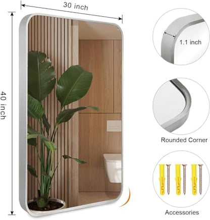 VooBang Bathroom Mirror 30x40 inch, Silver Gorgeous Deep Frame Wall Mirror, Modern Round Corner Bathroom Vanity Mirror for Bedroom, Living Room, Hanging or Leaning Horizontal or Vertical, Silver