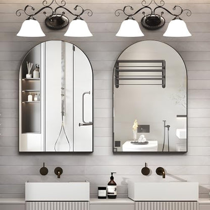 Wall Mounted Mirror, Arched Wall Mirror for Bathroom, 2 Pieces 24"x36" Arch Bathroom Mirror with Metal Frame, Black Vanity Mirror Decor for Mantle, Bedroom, Entryway, Living Room