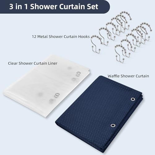 3 in 1 Waffle Shower Curtain Set, Shower Curtain and Liner Set with 12 Double Sided Shower Curtain Hooks, 72 x 84 Fabric Shower Curtains for Bathroom, Navy Blue