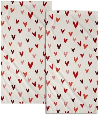 Valentines Day Hand Towels Set of 2, 14x28 Inch Love Heart Red White Bathroom Towel Soft Absorbent Microfiber Dish Towels for Kitchen Hotel Wedding Anniversary Home Decor