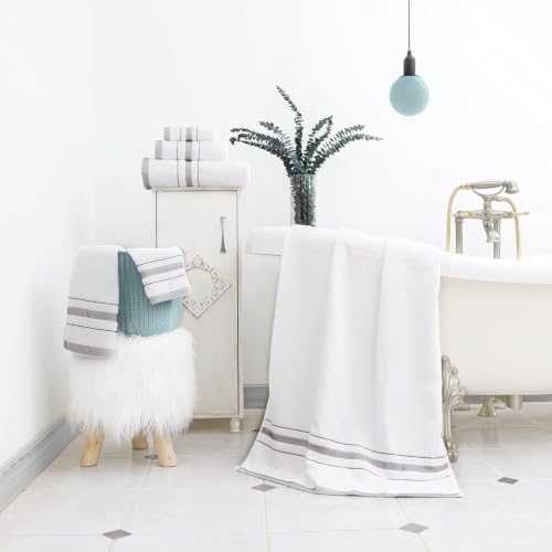 Hand Towels Set for Bathroom – Luxury 4-Piece Cotton Hand Towels, Soft Absorbent & Quick Dry, 600 GSM Bath Towels for Bathroom, Hotel Spa Quality (White/Grey, 4-Hand Towel Set)